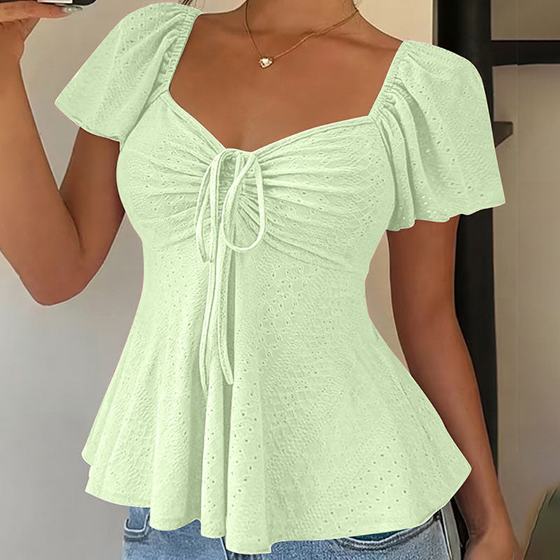 V-neck cut-out embroidered peplum top