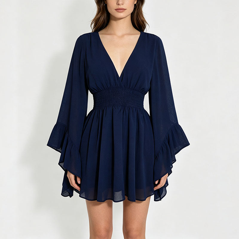 V-neck flared long-sleeved fitted waist dress