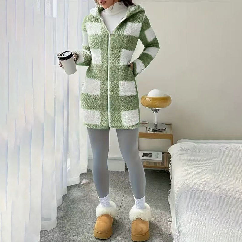 Plaid plush hooded zip-up jacket