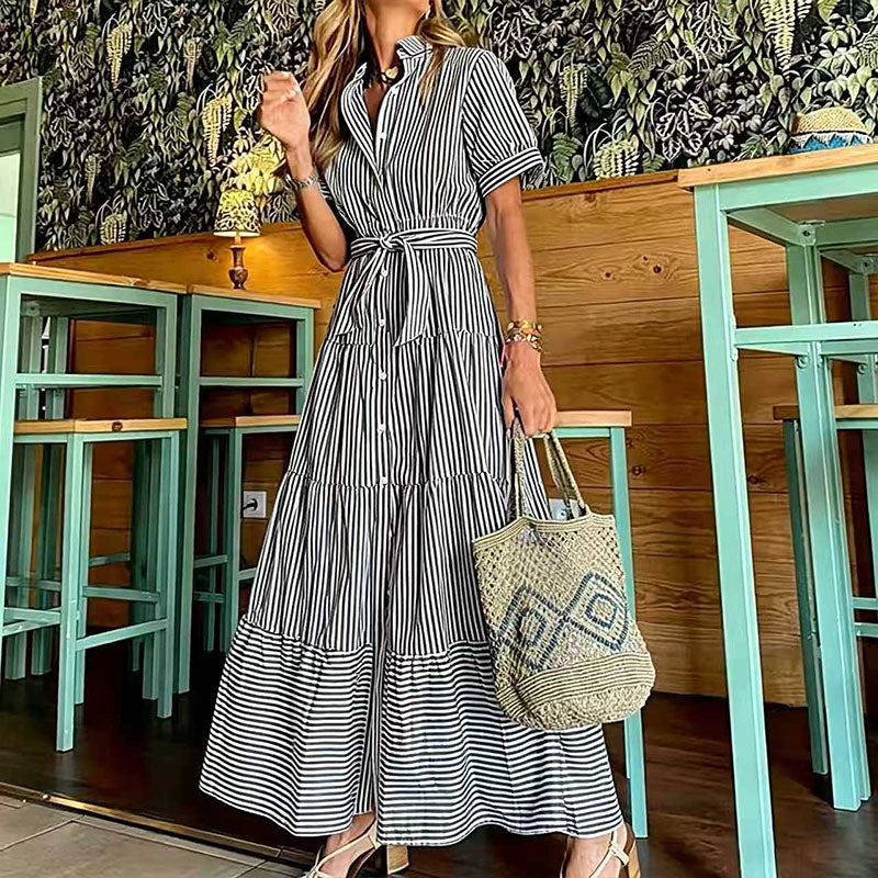 Striped layered hem long shirt dress