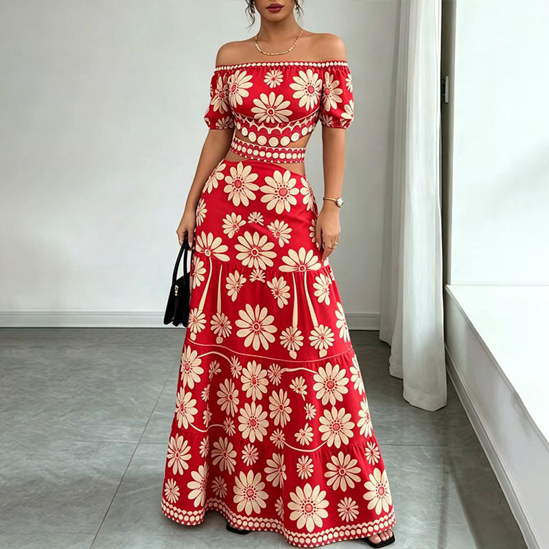 Off-the-shoulder cut-out printed dress