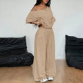 Off-shoulder short-sleeve top and wide-leg trousers set