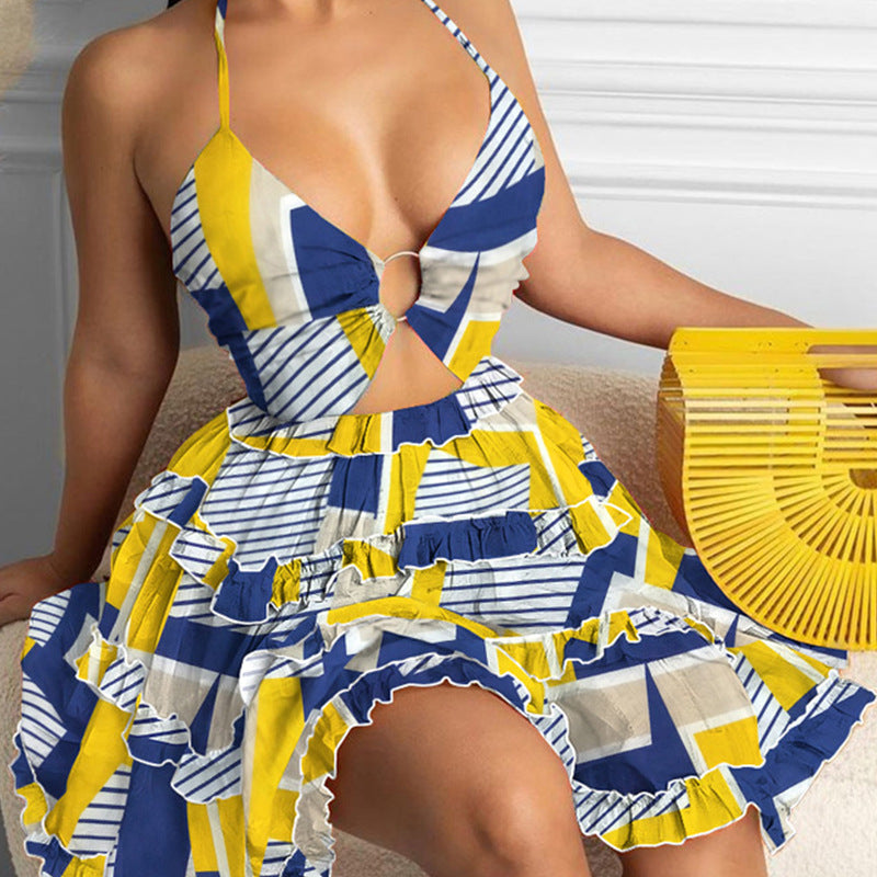 Deep V-neck hollowed-out layered ruffle dress