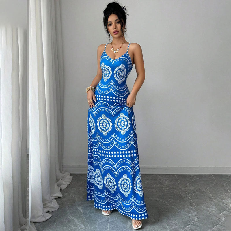 Retro Geometric Print Slim-Fit Camisole Dress