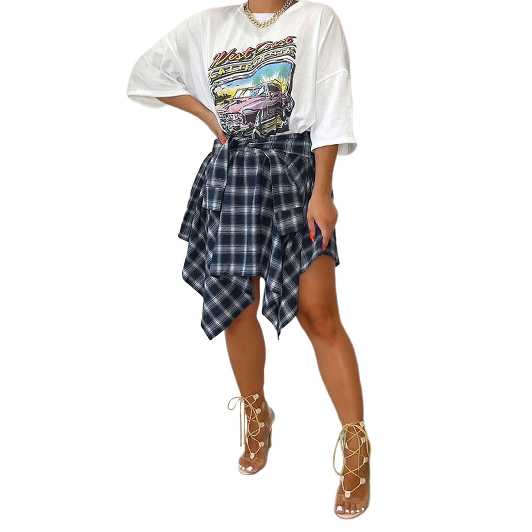 Plaid front-tie irregular hem short skirt