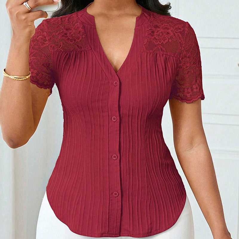 Short-sleeve V-neck shirt with lace splicing