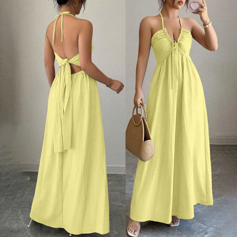 Front-pleated V-neck backless long dress