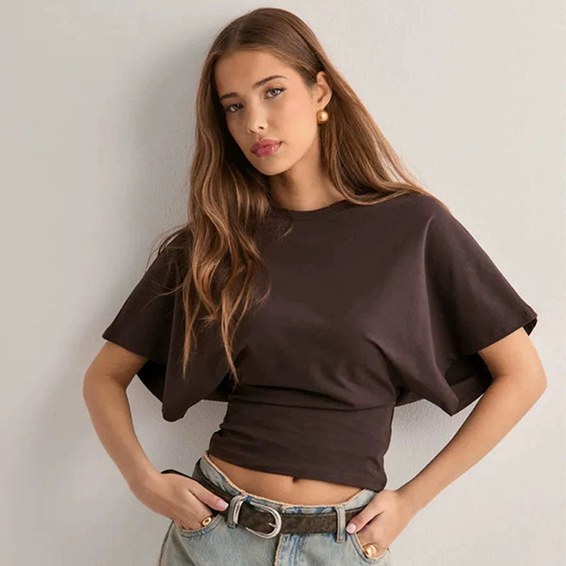 Casual Crew-Neck Batwing-Sleeve Fitted T-Shirt