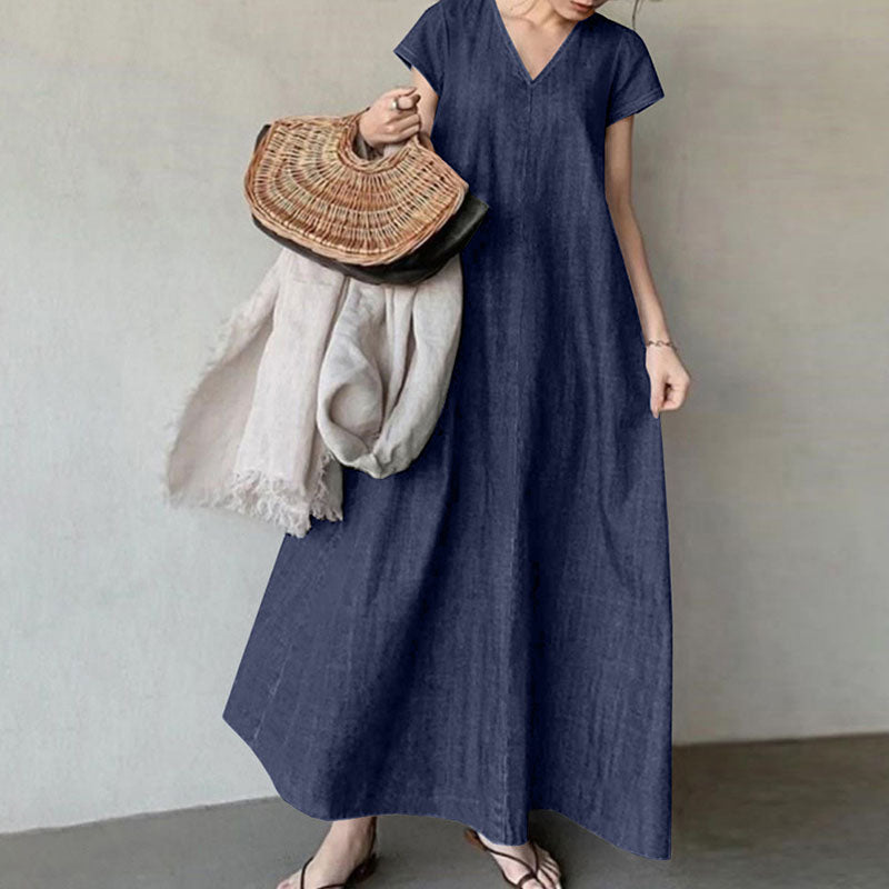 V-neck loose denim dress