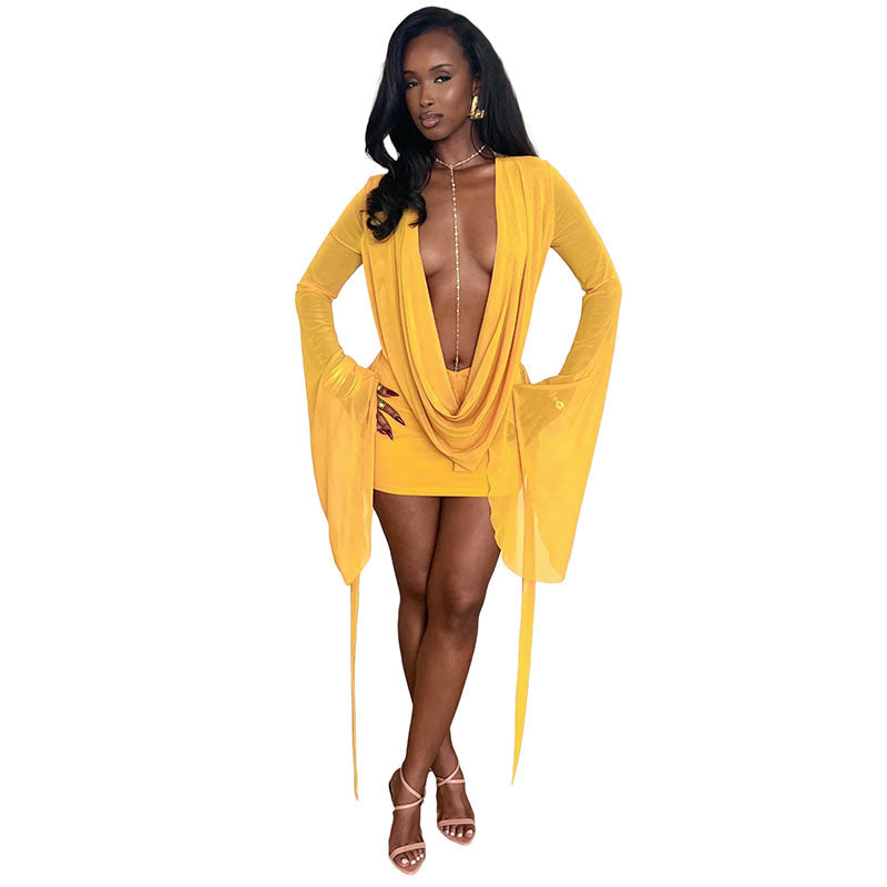 Stacked neckline flared sleeve mesh dress