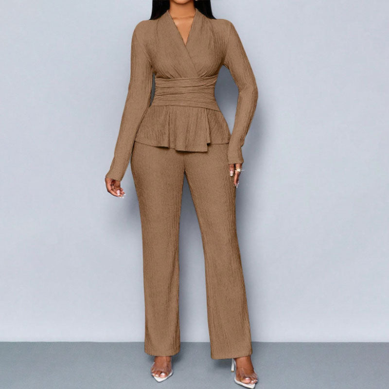 Long-sleeve V-neck waist-cinching top and trousers set