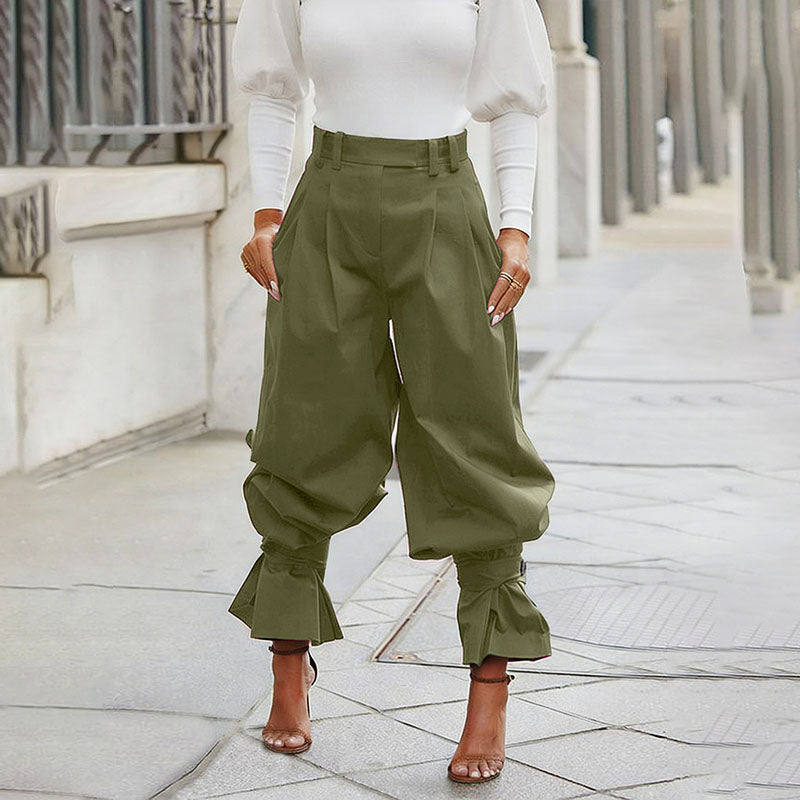 High-waisted loose-fit ruffled trousers