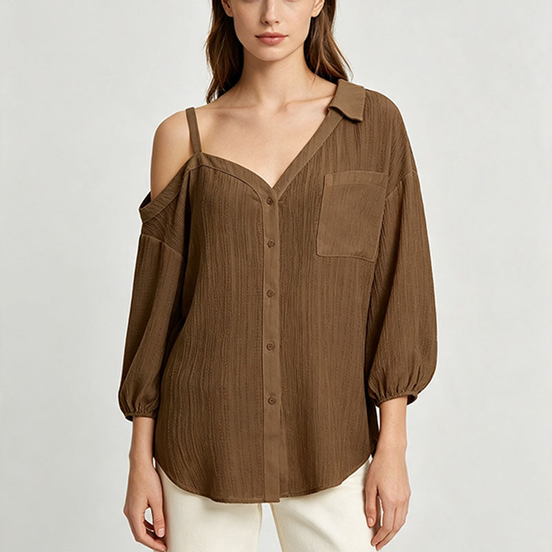 Asymmetric one-shoulder camisole-style collared shirt