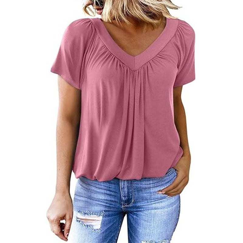 Casual V-neck pleated short-sleeve top