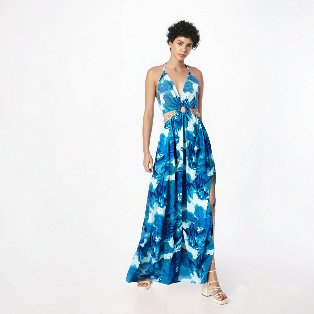 Deep V-neck backless high slit tropical print dress