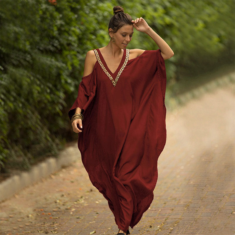 V-neck loose-fitting off-shoulder beach sun protection dress