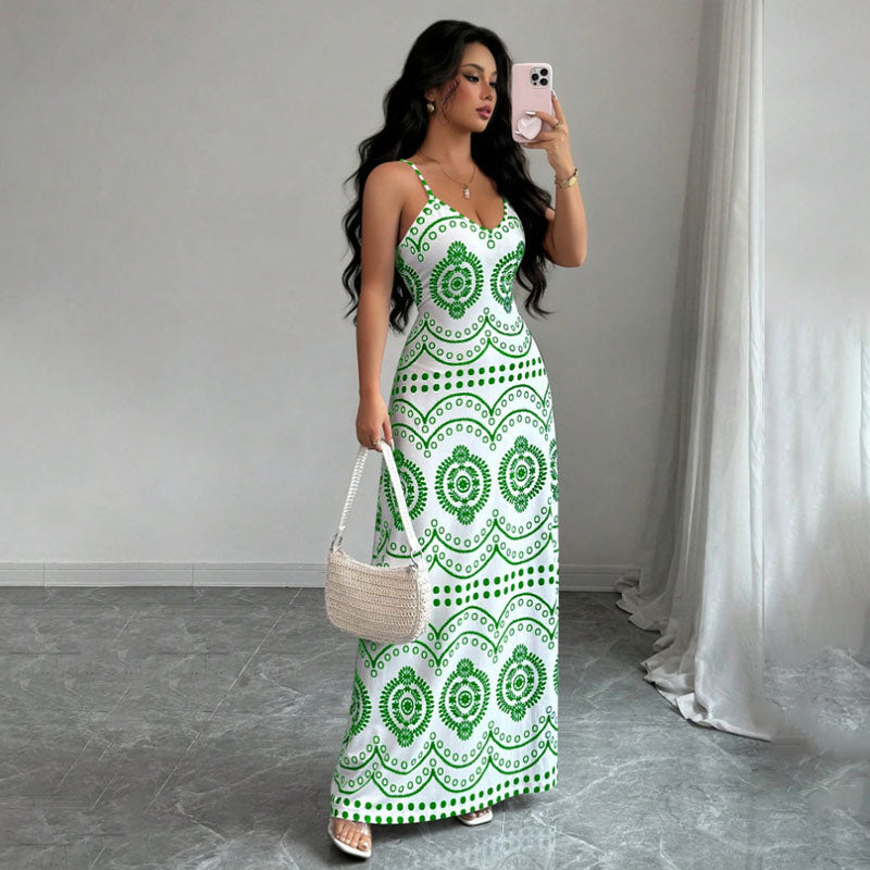 Retro Geometric Print Slim-Fit Camisole Dress