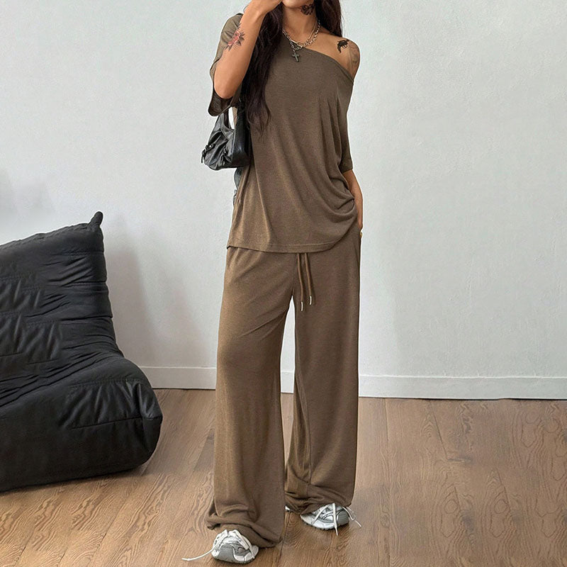 Off-shoulder short-sleeve top and wide-leg trousers set