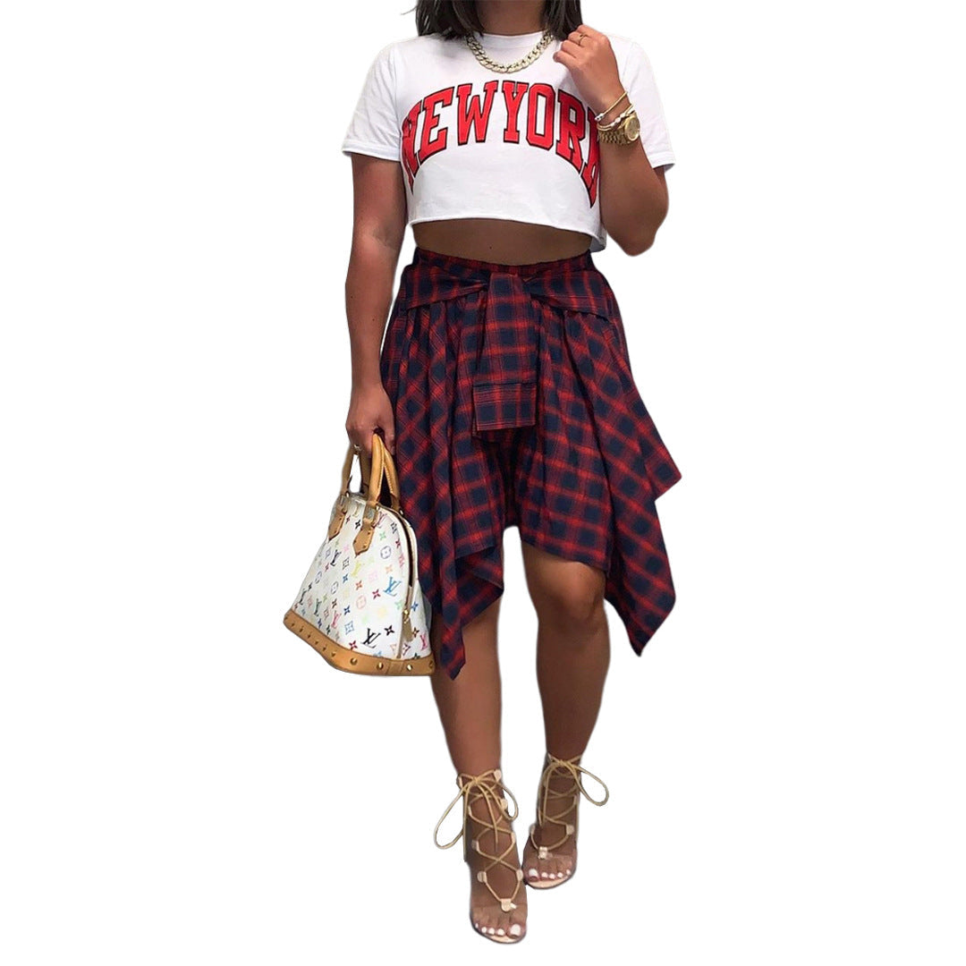 Plaid front-tie irregular hem short skirt