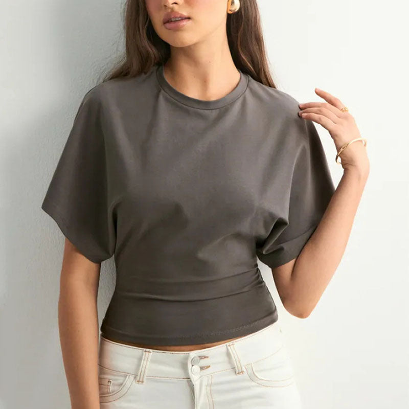 Casual Crew-Neck Batwing-Sleeve Fitted T-Shirt