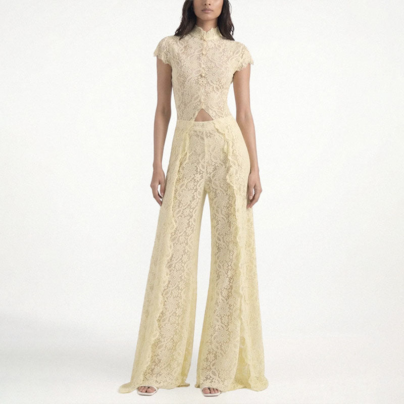 Ruffled lace front-slit top and wide-leg pants set