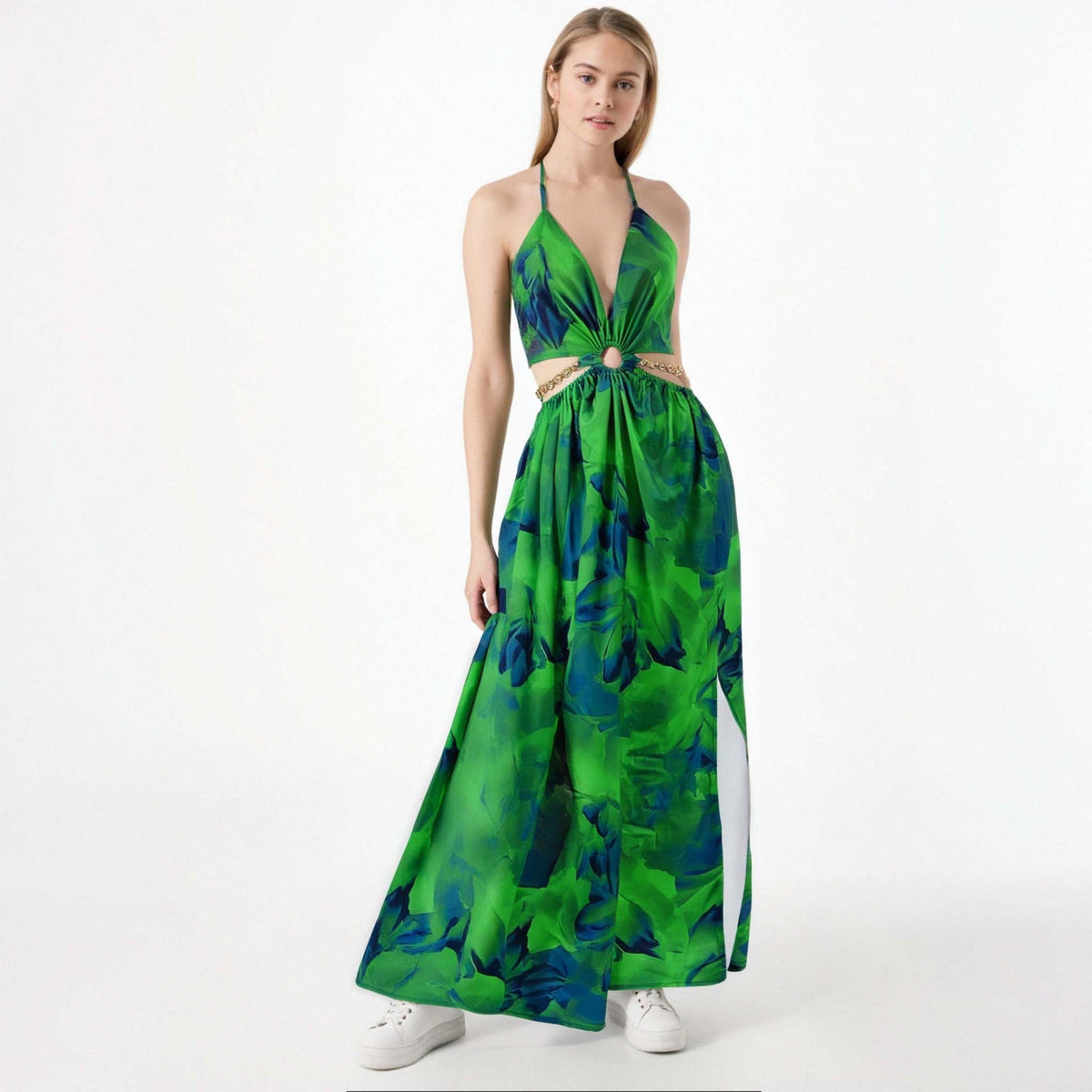 Deep V-neck backless high slit tropical print dress