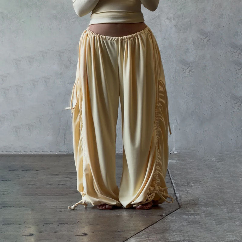 Side-drawstring ruched wide-leg trousers