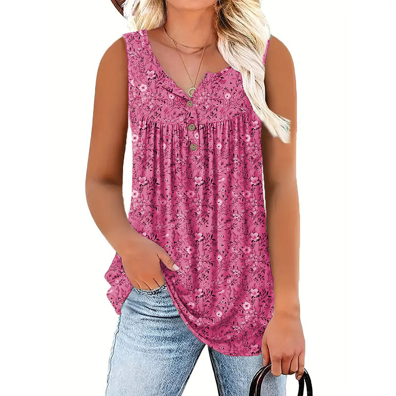 Button-down V-neck floral sleeveless top