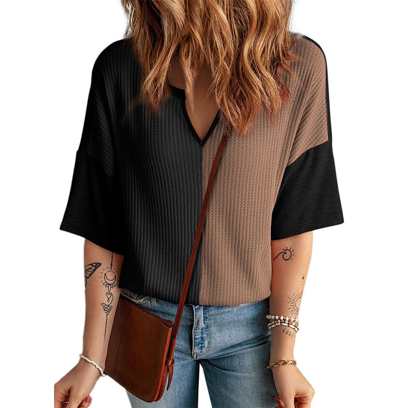 V-neck spliced loose short-sleeved top