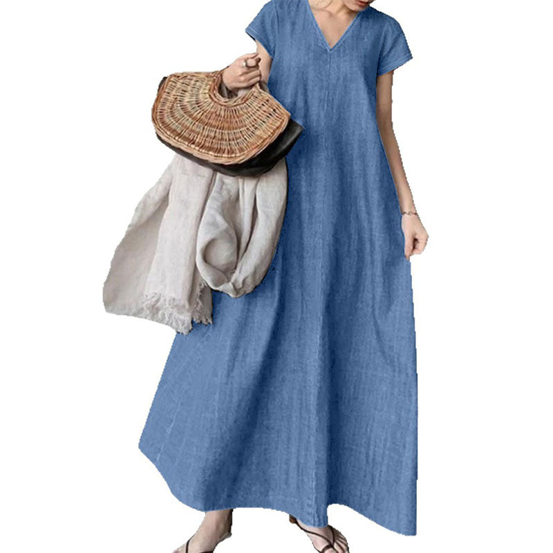 V-neck loose denim dress