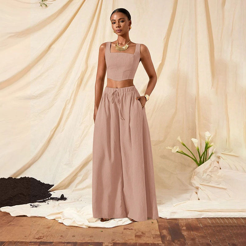 Square-neck cropped top and wide-leg trousers set