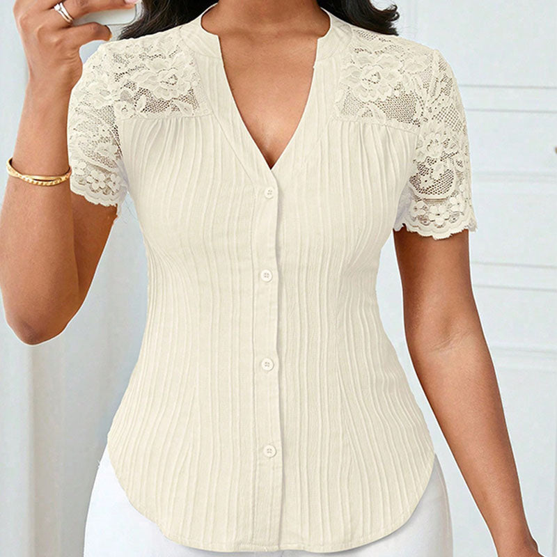 Short-sleeve V-neck shirt with lace splicing