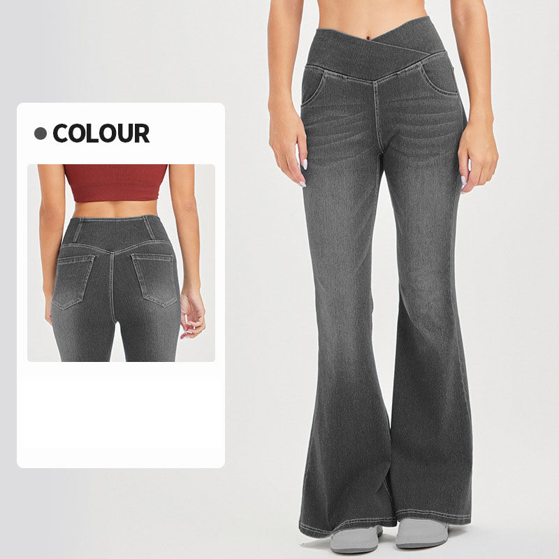 High-Waisted Crisscross Stretch Kick-Flare Jeans