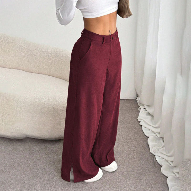 Corduroy mid-rise loose-fitting split trousers