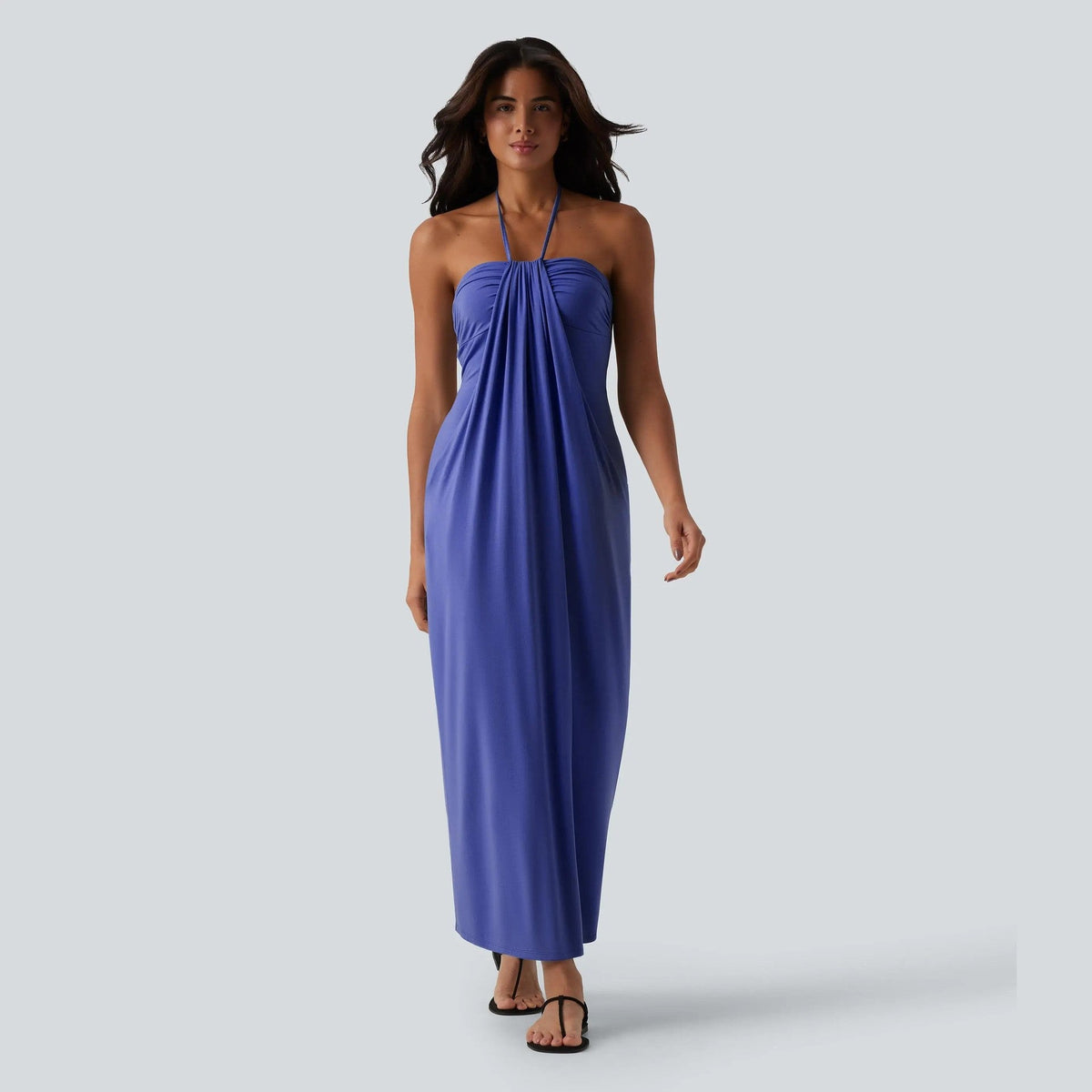 Draped, form-fitting halter maxi dress