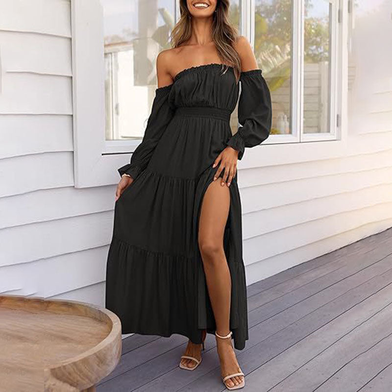 Off-shoulder long-sleeved cinched waist layered dress