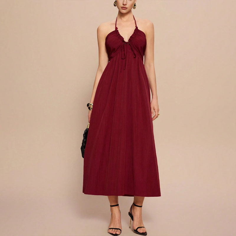 Front-pleated V-neck backless long dress