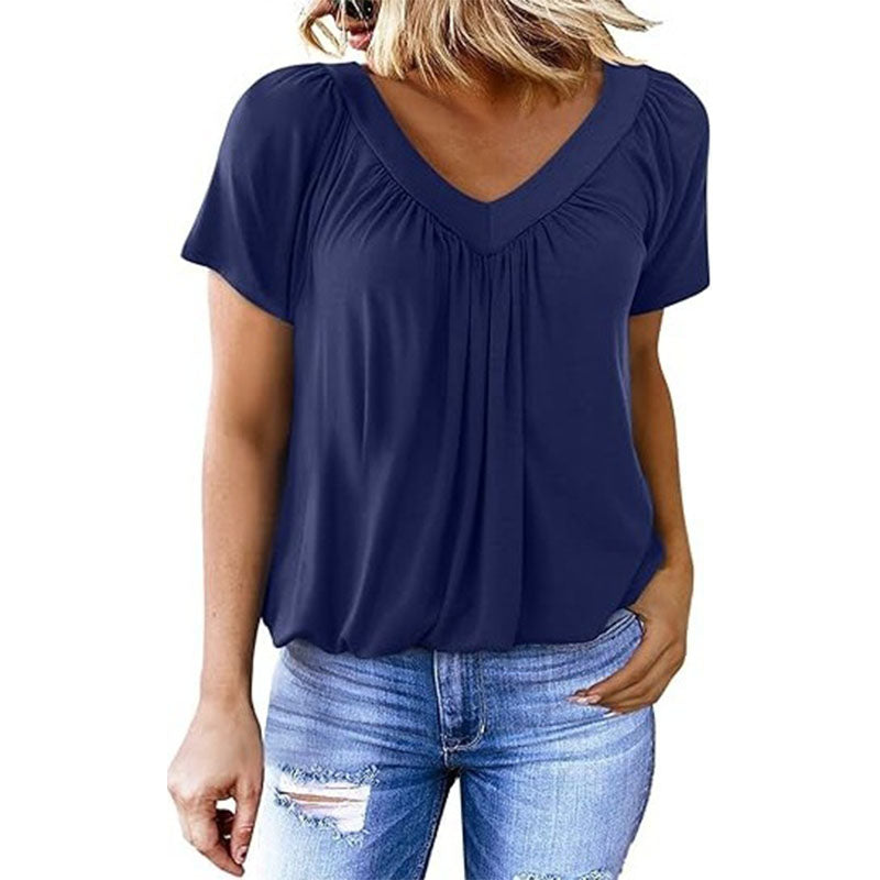 Casual V-neck pleated short-sleeve top