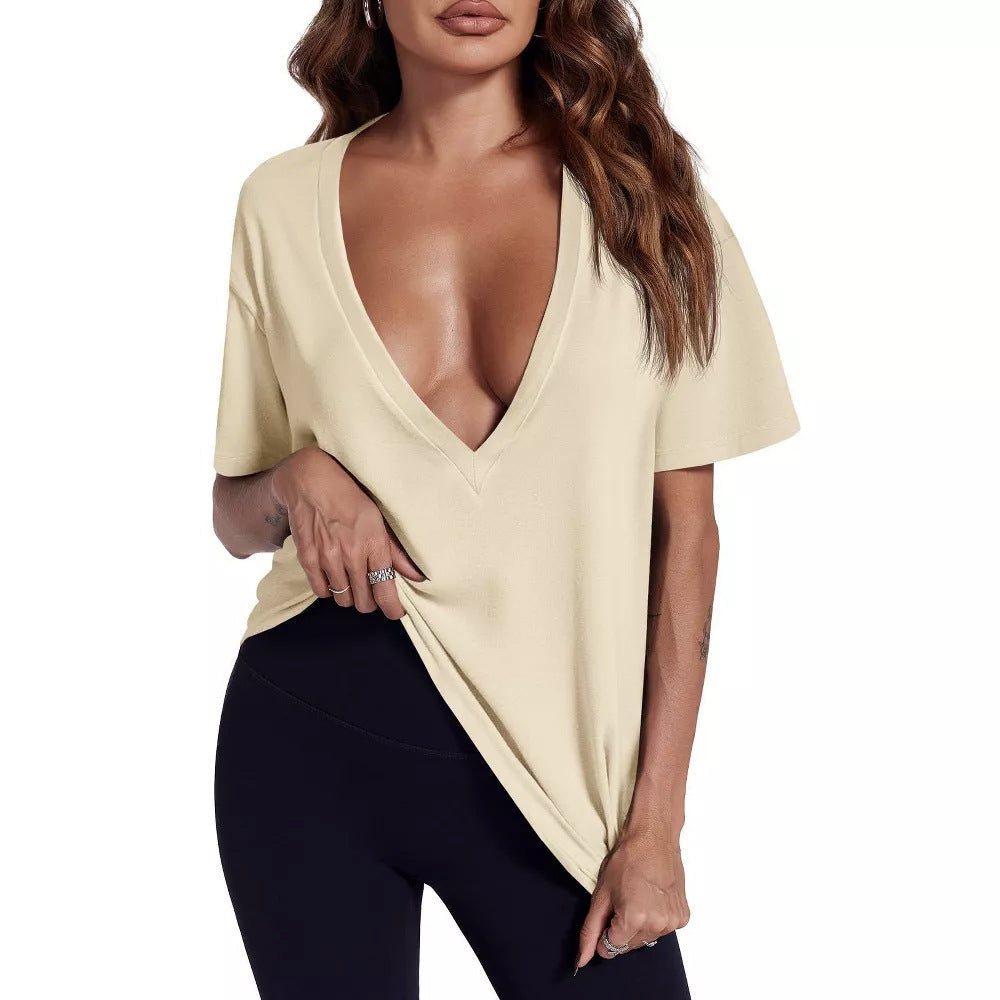Loose Fit Short Sleeve T Shirt with Deep V Neck