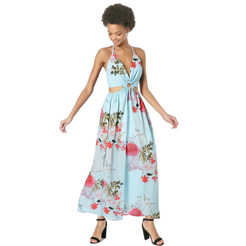 Deep V-neck backless high slit tropical print dress
