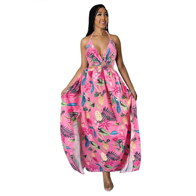 Deep V-neck backless high slit tropical print dress