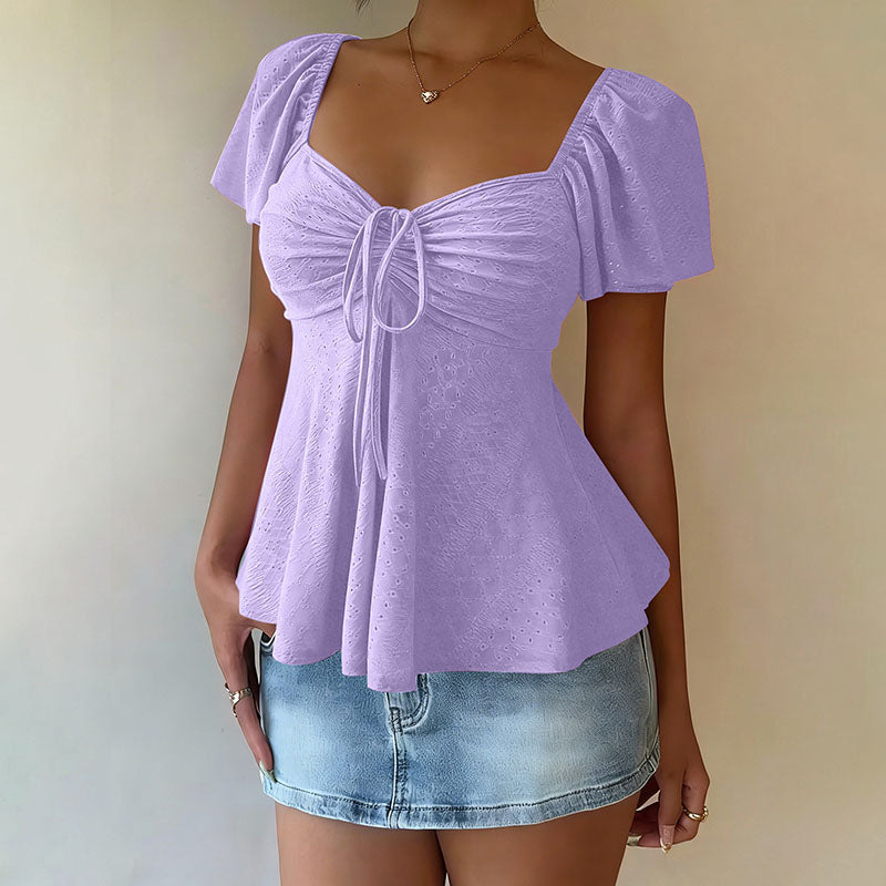 V-neck cut-out embroidered peplum top