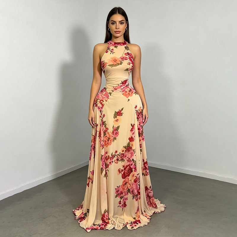 Resort-style printed turtleneck fitted pleated dress