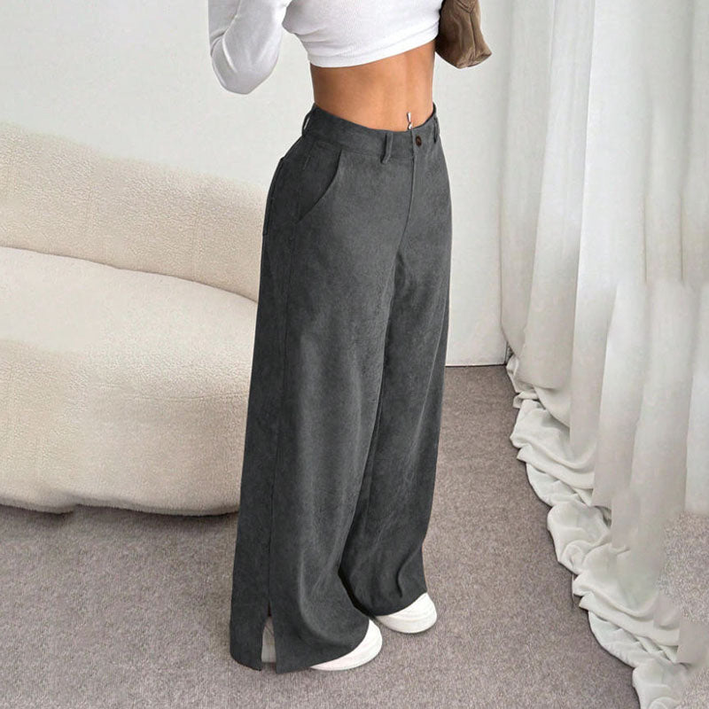 Corduroy mid-rise loose-fitting split trousers