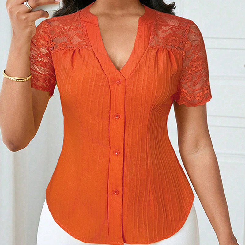 Short-sleeve V-neck shirt with lace splicing