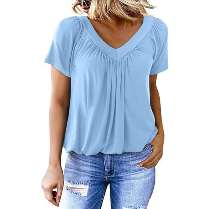 Casual V-neck pleated short-sleeve top