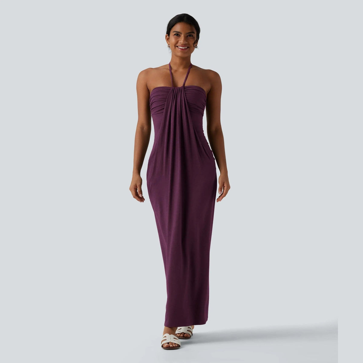 Draped, form-fitting halter maxi dress