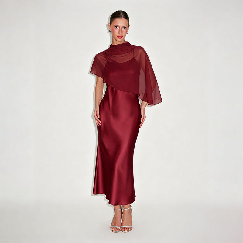 High-neck asymmetrical shawl and camisole dress set