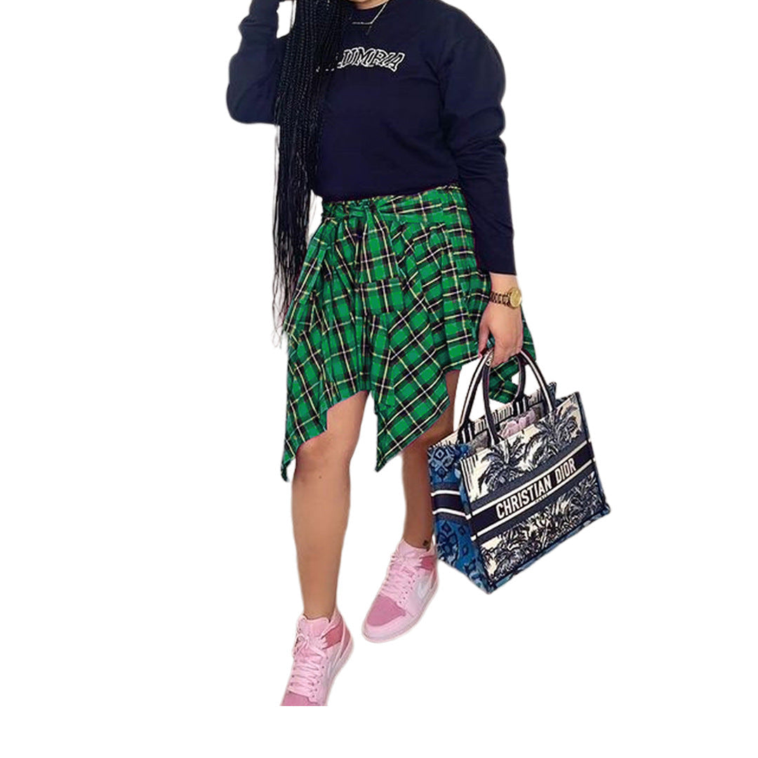 Plaid front-tie irregular hem short skirt