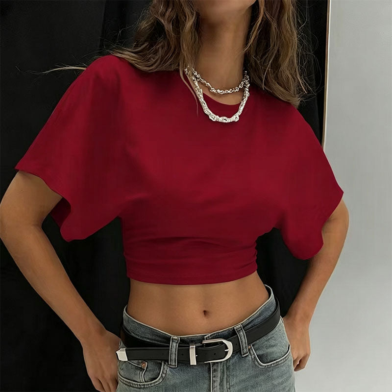 Casual Crew-Neck Batwing-Sleeve Fitted T-Shirt